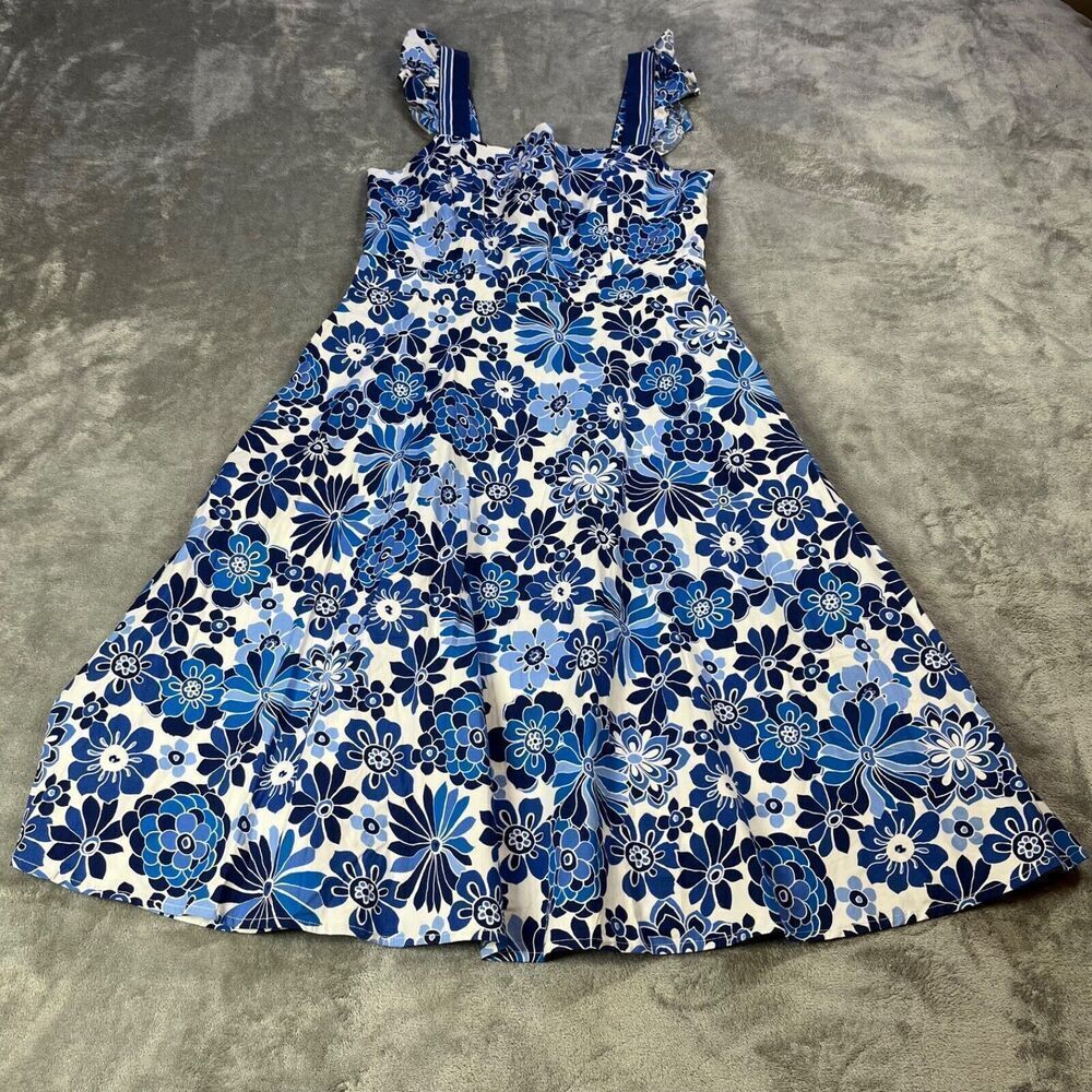 Tahari ASL Dress Womens 8 Blue Floral A-Line Fit & Flare Ruffle Detail Lined‎